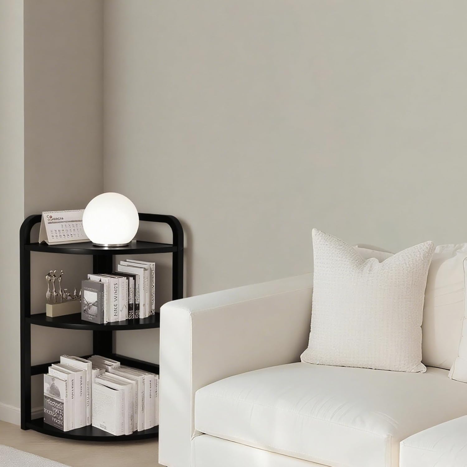 Small Corner Shelf Stand, 3 Tier Triangular Curved Bookshelf, Metal Frame Bookcase, Storage Standing Display Stands Unit for Living Room, Bedroom, Home Office, Vanity, Kitchen (Black,12x25.6in)