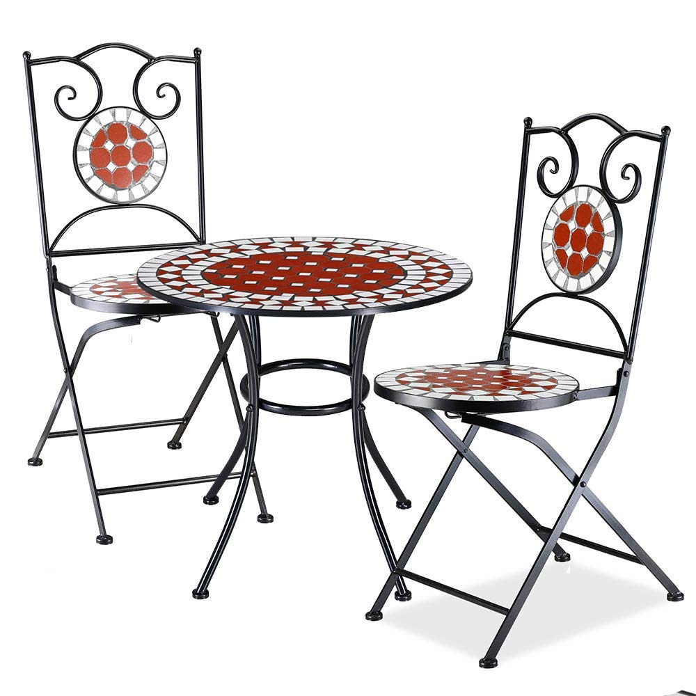 BAKAJI Set Tavolo 60 x 70 cm + 2 Sedie Pieghevoli con Decorazione Mosaico, Tavolino Resistente Salvaspazio per Arredo Esterno, Giardino, Terrazzo, Struttura in Metallo Colore Nero (Design 1)