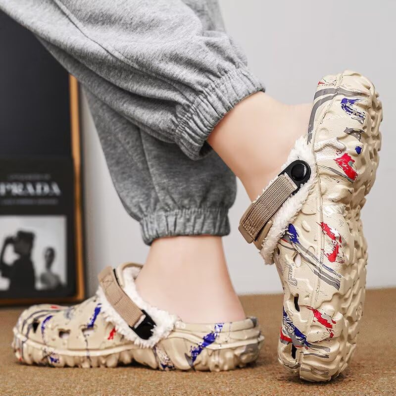 Image of Men's Graphic Fuzzy Lined Clogs Winter Slip On Shoes | Warm Plush Lined Clog Shoes with Vintage Printed Design, Lightweight Closed Toe Casual Footwear for Indoor Outdoor Daily Wear