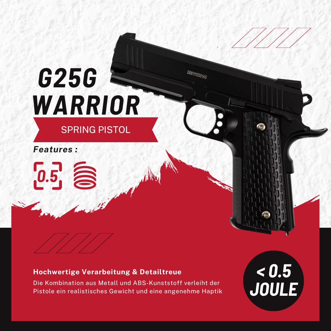 Softair Pistole Set Galaxy G25 Warrior 6mm Federdruck ab 14 Jahren unter 0,5 Joule Vollmetall Nachbildung 1911 mit Magazin und 500 OpTacs BBS für Einsteiger Airsoft