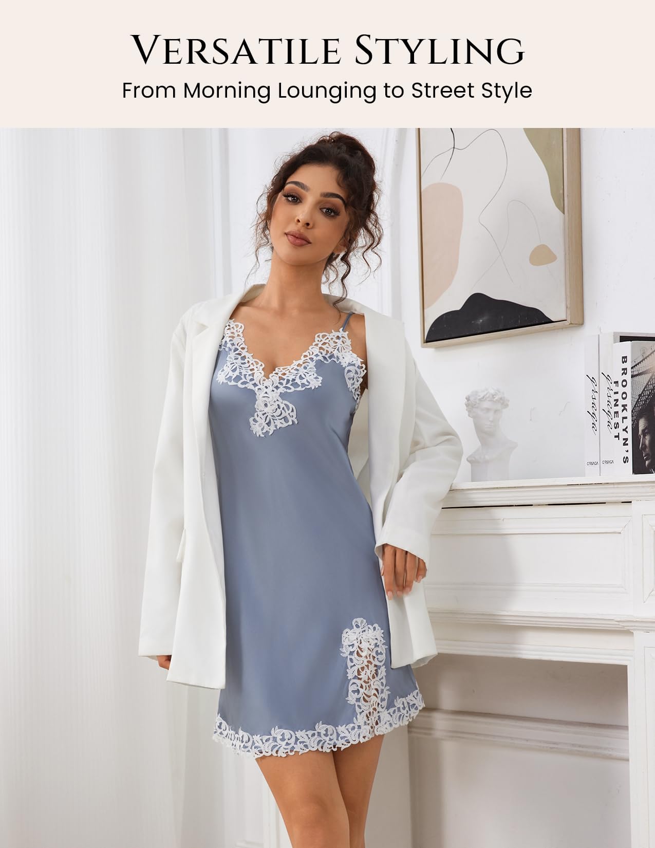THXSILK Damen Sexy Seide Nachthemd, 19 Momme Maulbeerseide Nachtwäsche V-Ausschnitt Spitze Spaghetti Strap Chemise Kurz Slip Kleid