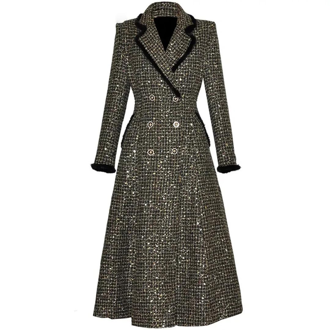 Women Suit Lapel Long Sleeved Fur Splicing Thick Double Breasted Pocket Temperament Trench Coat