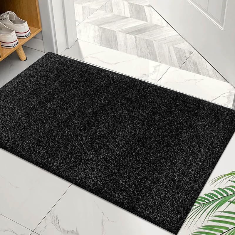 Rugs Inn Verona Shaggy Collection Door Mat - Modern Super Soft Dense Pile Thick Non-Slip Doormat for Bedroom Living Room TV Lounge Floor Mats (Black, 50x80 cm)
