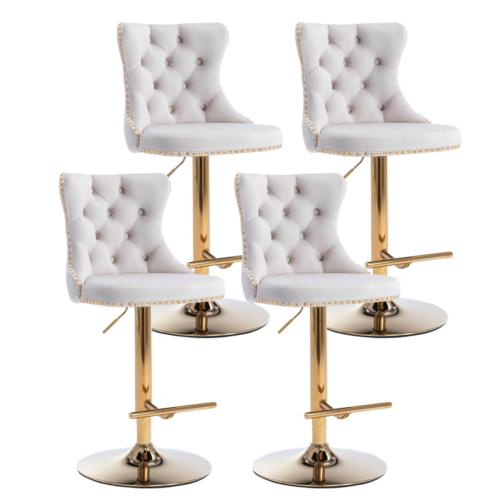 MZDOO Beige Bar Stools Set of 4, Adjustable Upholstered Counter Height Barstools with Back and Gold Footrest, Modern Velvet Swivel Barstools for
