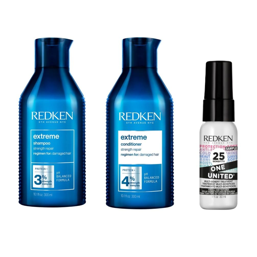 Redken, Shampoo + Balsamo + Spray Multi-beneficio Travel Size in Omaggio, Per Tutti i Tipi di Capelli Indeboliti, Forza della Fibra Ripristinata, Extreme + One United, 300 ml + 300 ml + 30 ml