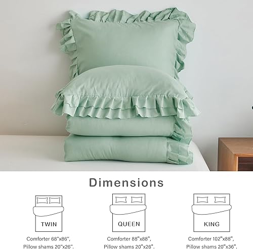 Miniatura 7 de Juego de edredón verde con volantes tamaño Twin, 3 piezas (1 edredón con volantes y 2 fundas de almohada) estilo Farmhouse Shabby Chic con 2 capas