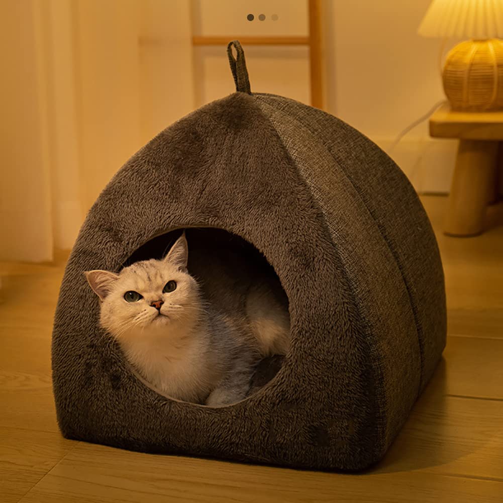 BYNYXI Kattenmand, warm knuffelhol voor katten, hol, wasbaar kattenhuis met afneembaar kussen, pluizig pluche kattenbed, driehoekige kattenslaapplaats voor katten en kittens, 43 cm x 43 cm x 41 cm