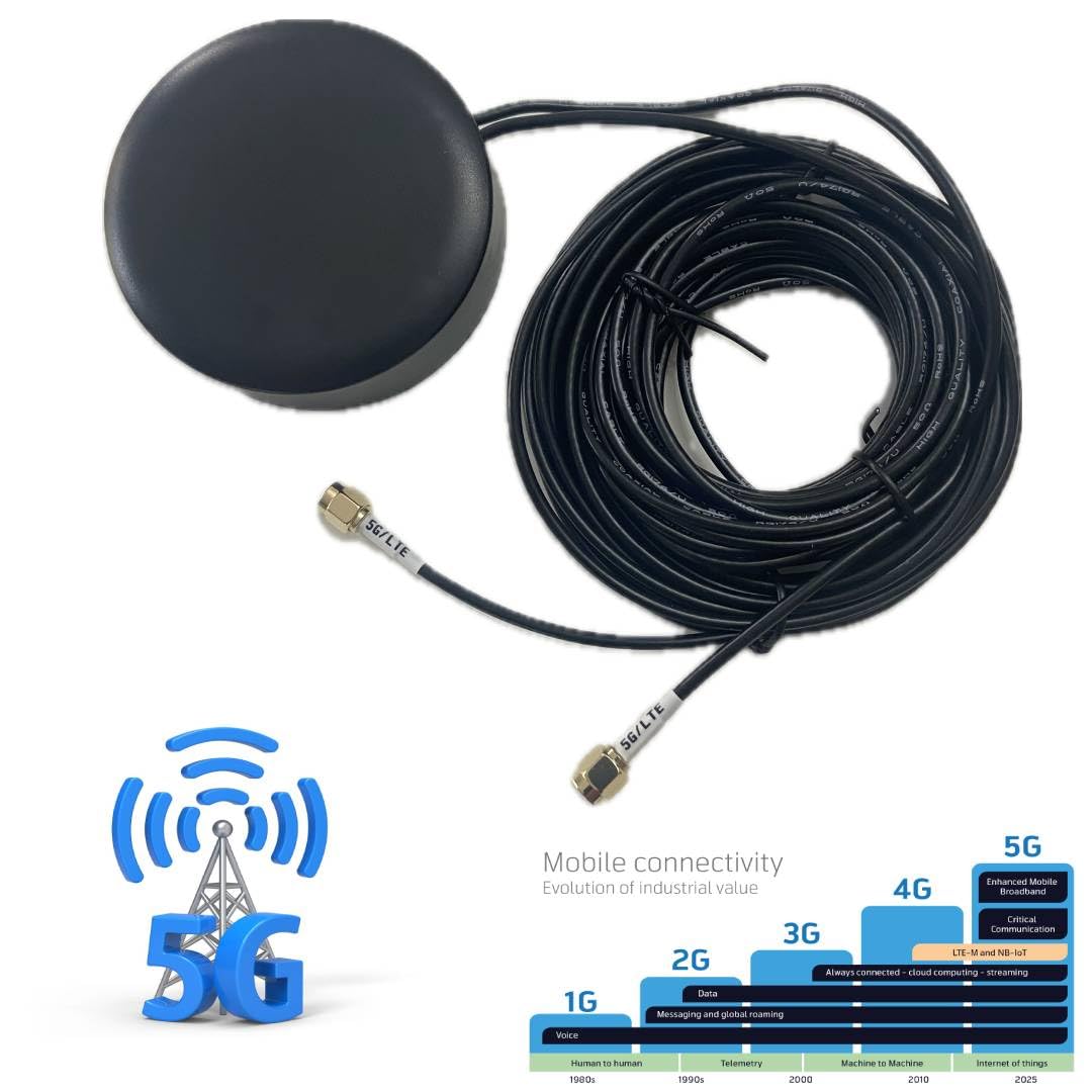 CompuPort 5G Cellular Omni-Directional Magnetic/Adhesive Mount Puck Antenna with Dual-Diversity 13' SMA Male Cable Designed for a Range of Cellular Applications, Including IoT Devices.
