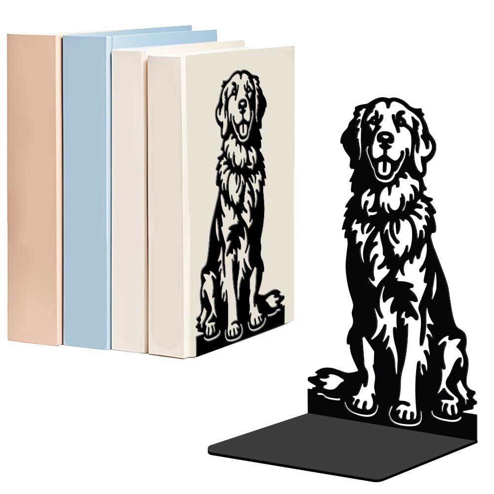 WADORN 1 Pair Golden Retriever Decorative Bookends, Cute Dog Metal Heavy Duty Stable Book Stand Black Novelty Non-Skid Book Holder Stopper for Bookshelf Office Study Library Dorm Desk Decor Gift