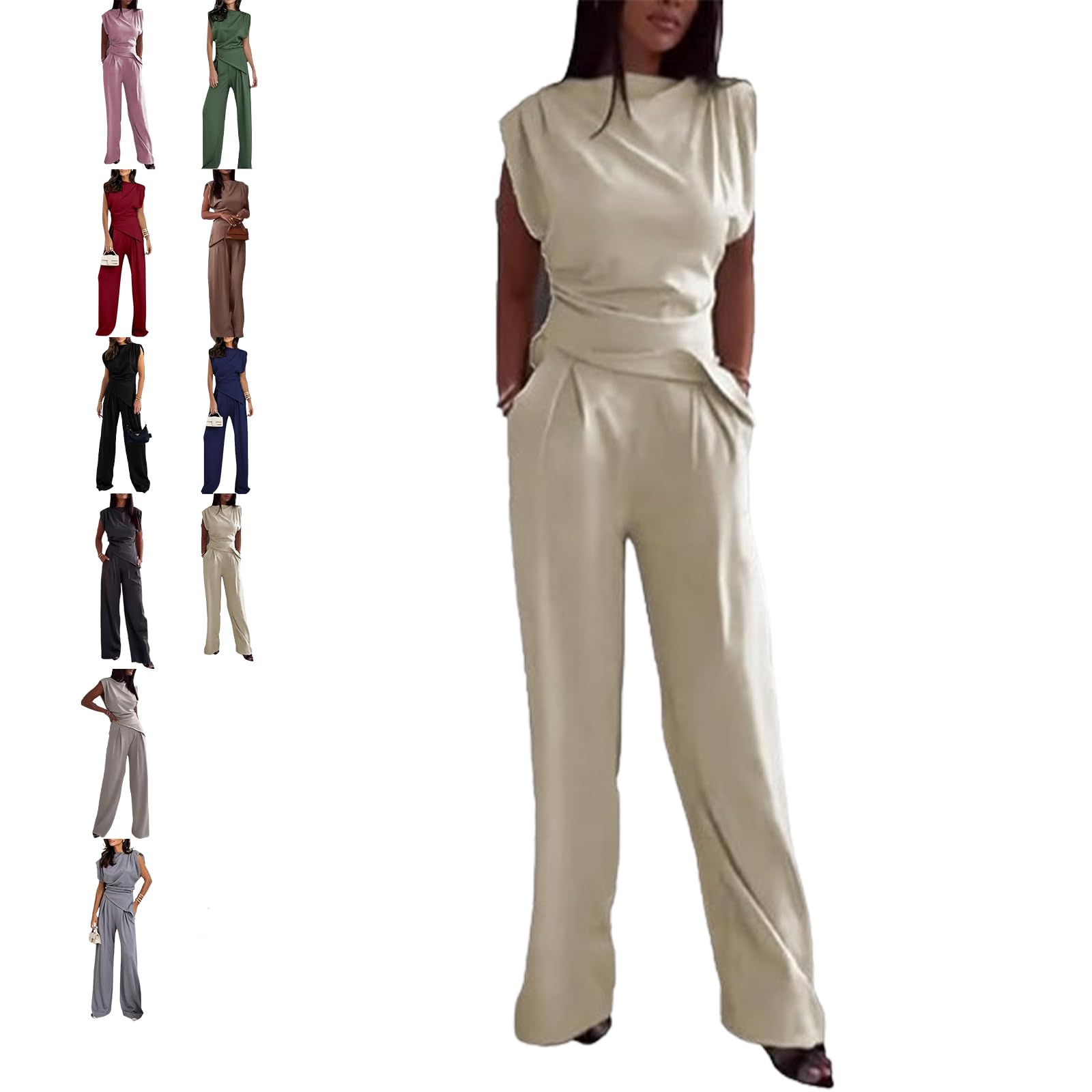 QingxingFa Two Piece Outfit,Summer Comfortable Stylish Casual Formal Outfits,Casual Stylish Tank Top Wide Leg Pants (beige,L)