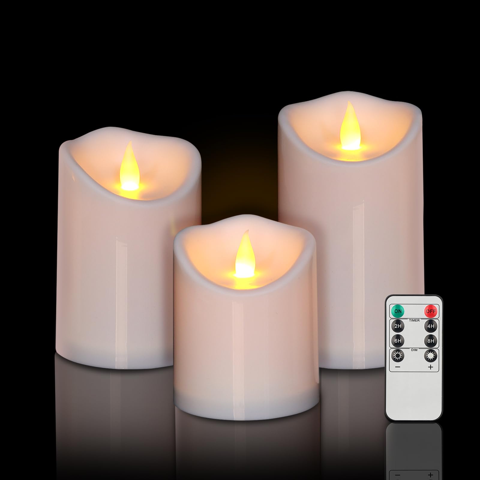 Haown Outdoor Indoor Flameless Candles, Patented 3D Dual-LED, Set of 6 Slanted Top Durable Plastic Pillars with 2 Remotes & Timer, Non-Melting Waterproof Battery Candles for Patio Garden (Ivory) — view 13