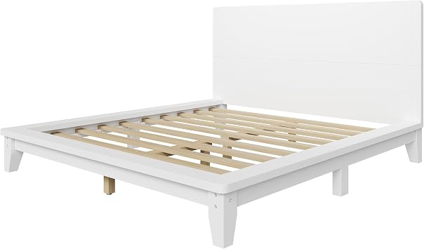 Merax Queen Size Solid Wood Platform Bed Frame, Modern Comfortable with Headboard, Slat Support, No Box Spring Needed, White