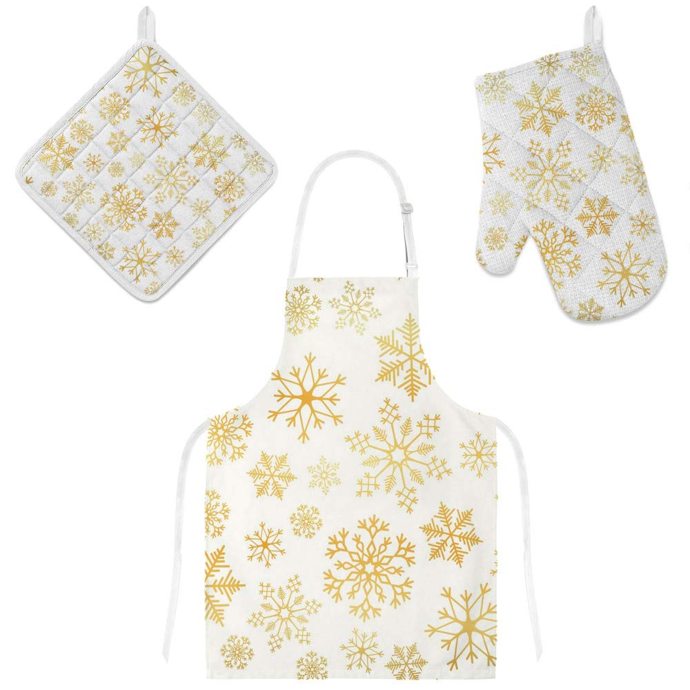 Tablier de cuisine 3 pièces avec maniques et gants de four flocon doré