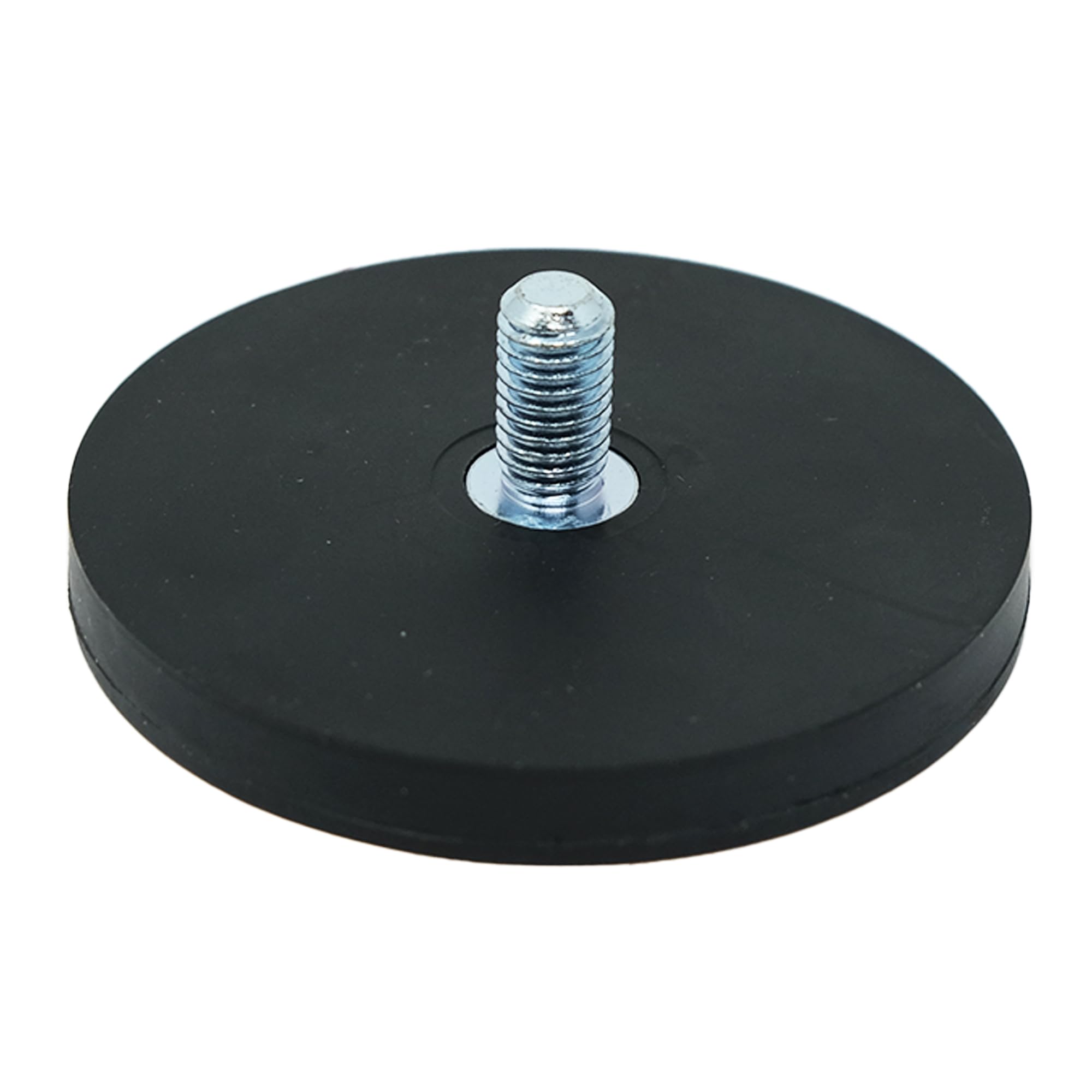 Black Rubber Coated POS Magnet Countersunk with M8 x 15mm External Thread for Retail Fixing and Holding Heavy Objects - 66mm dia x 8mm thick - 23kg Pull