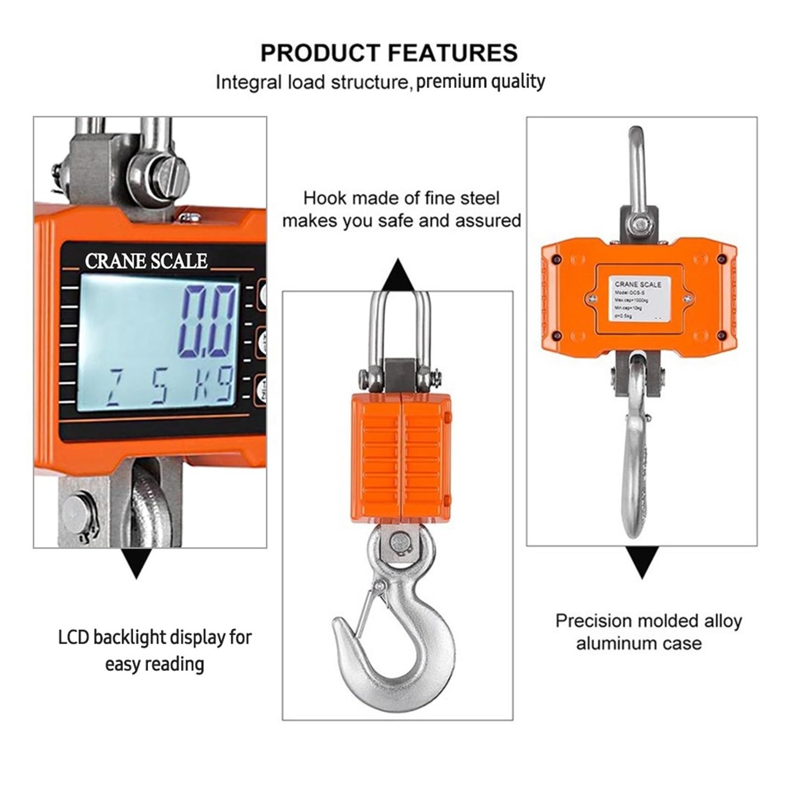 Báscula colgante, Báscula colgante digital 1000kg/ 2204lbs Báscula de grúa de servicio pesado portátil Retroiluminación LCD Básculas de gancho industriales Cambio de unidad