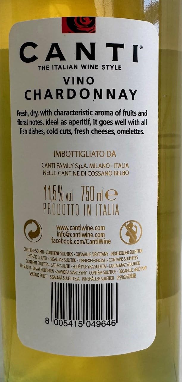 Canti - Chardonnay Vin Blanc Italien Sec, Saveur Fraîche avec un Goût Fruité et des Notes d'Agrumes et de Pommes, 6x750 ml