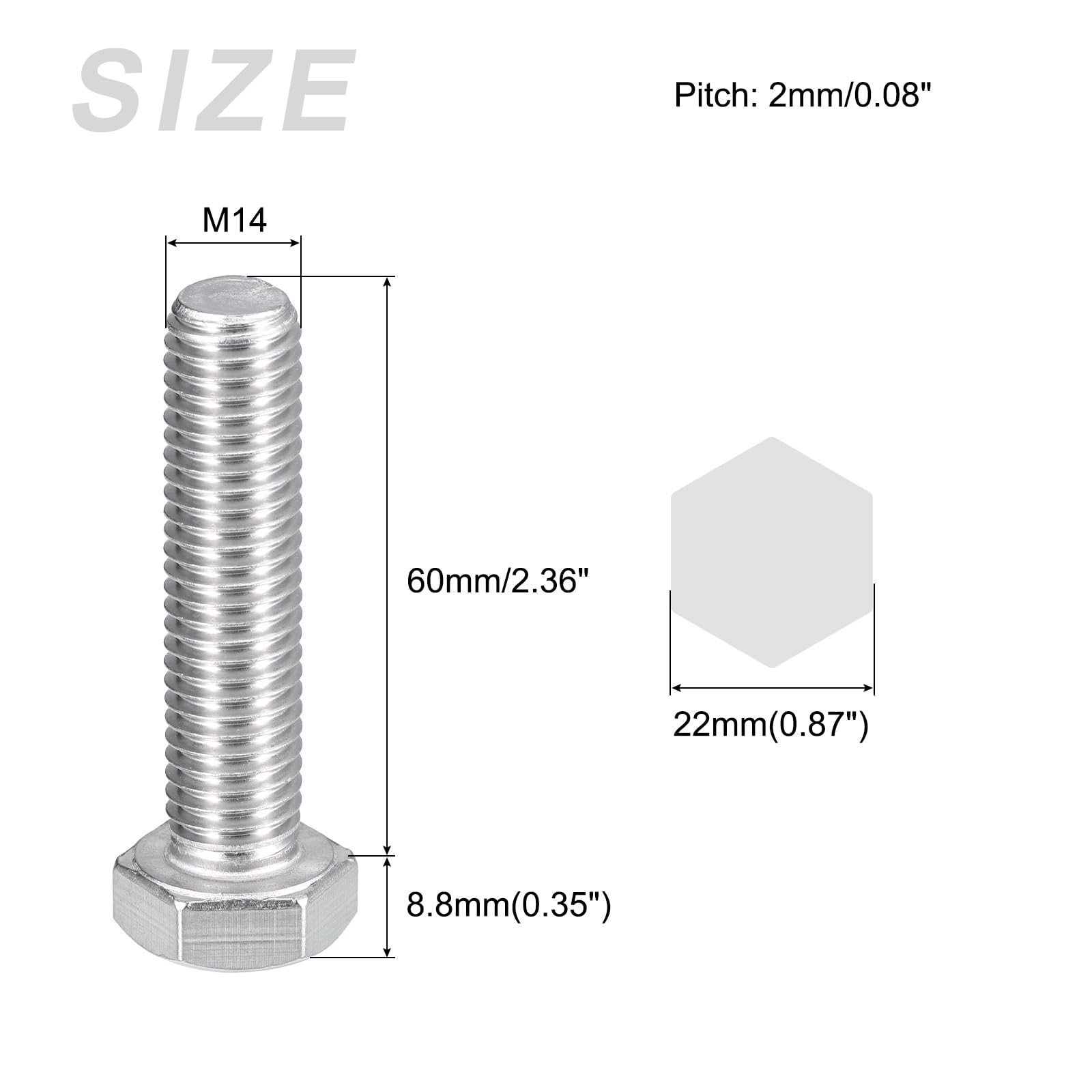 METALLIXITY Hex Bolts (M14-2x60mm) 2Pcs, 304 Stainless Steel Coarse Fully Threaded Hex Head Screw Bolt Machine Screws - Image 2