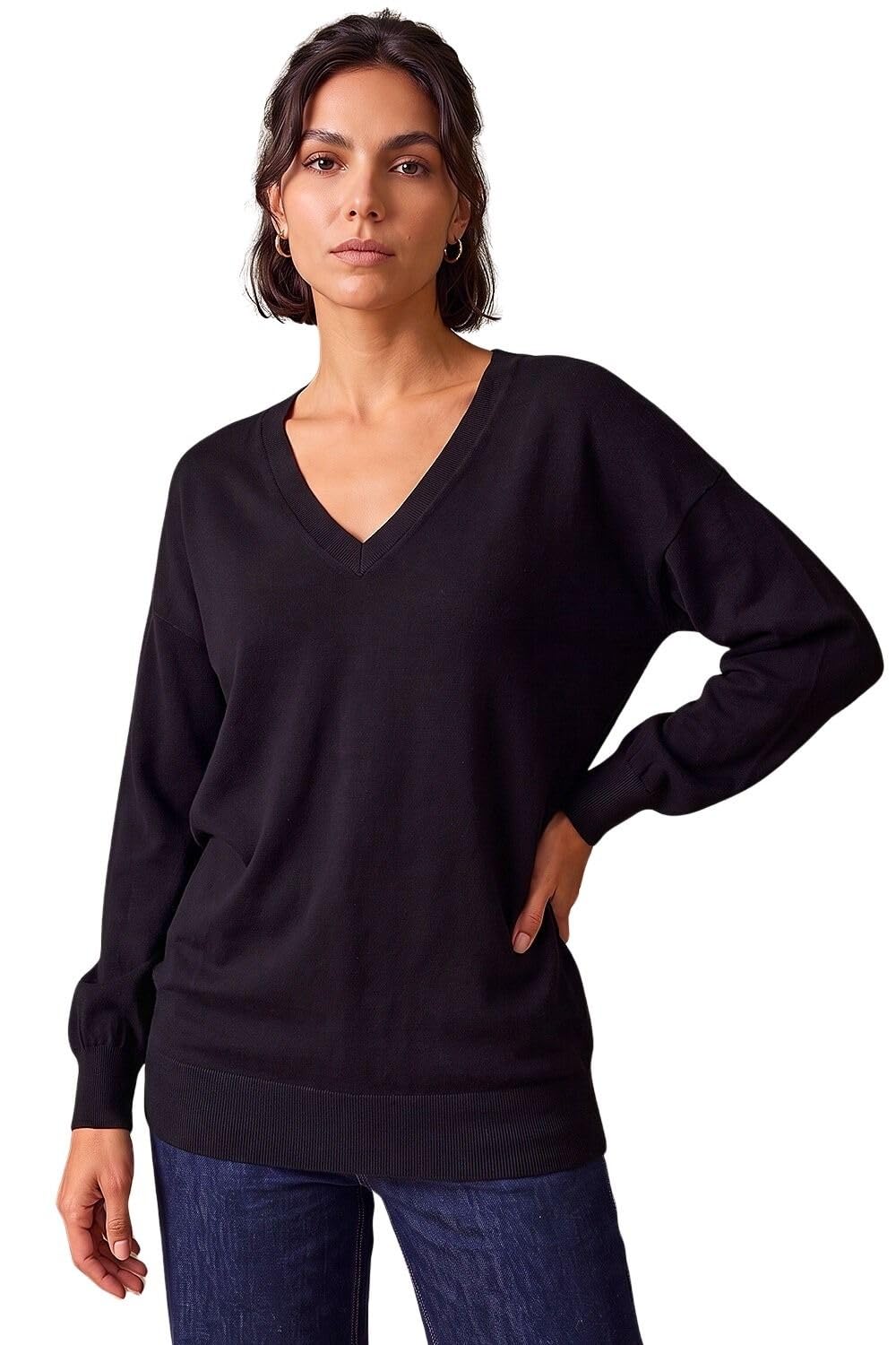 Roman Originals Women's Black Roman V-Neck Jumper For Uk Boyfriend Fit Slouch Sweater Winter Autumn Textured Casual Flattering Knit Pullover Knitwear Daywear Lightweight Lounge - Size 12