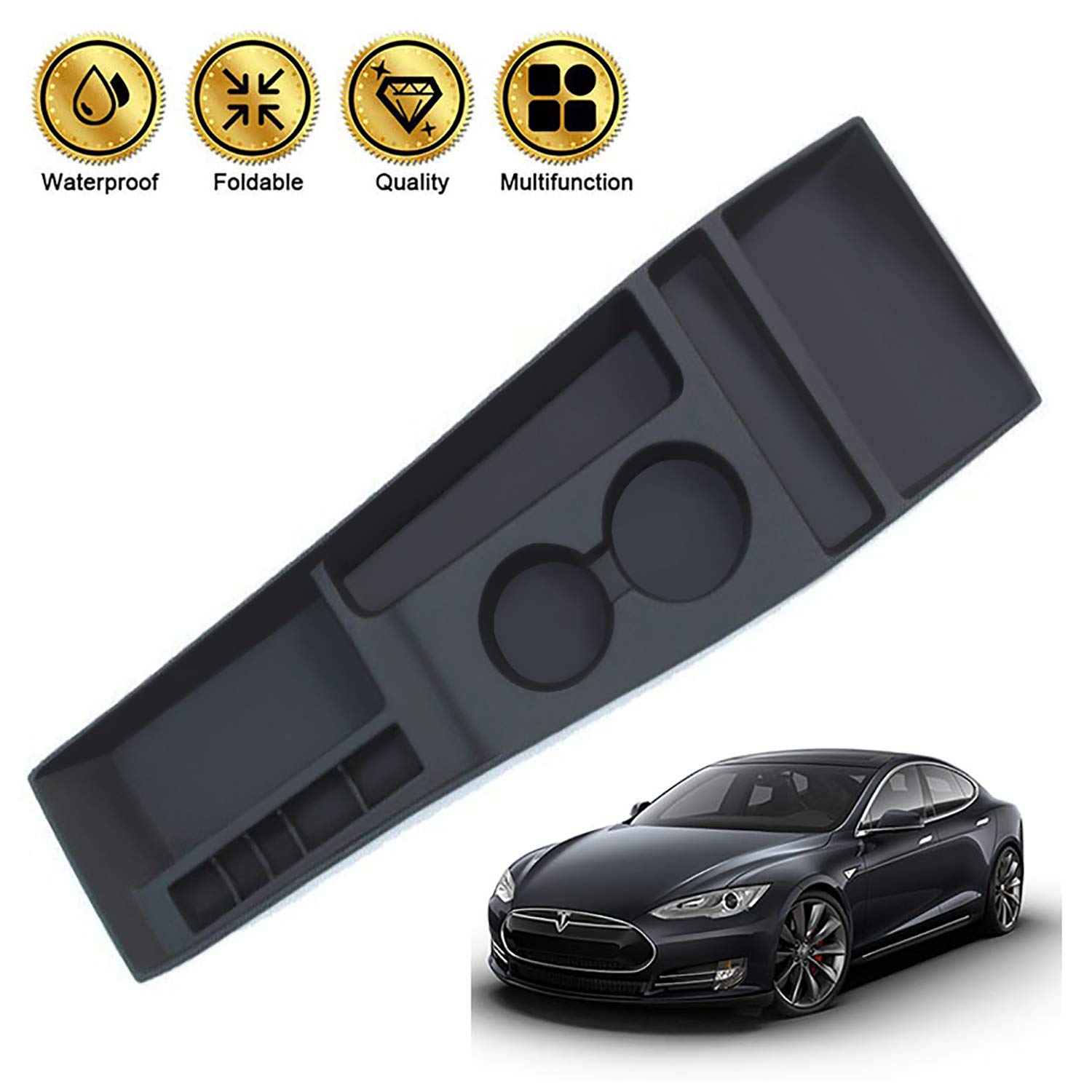 Poweka Center Console Organizer for Tesla Model S 2012 2013 2014 2015 2016 2017,Silicone Center Console Container Storage Box/Cup Holder, Black