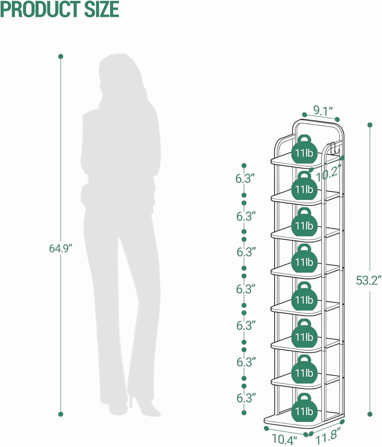 8 Tiers Vertical Shoe Rack, Narrow Shoe Tower, Tall Shoes Shelf with 2 Hooks, Adjustable Shelves, Corner Shoes Shelves for Small Spaces, Entryway, Living Room, White Gold SR04313A