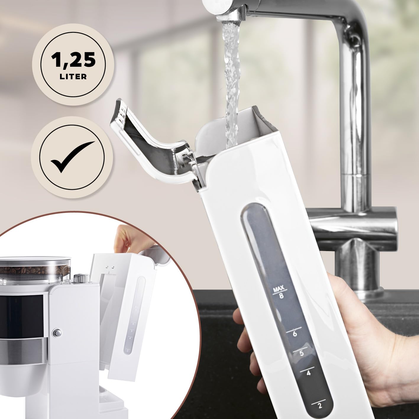 Barista Machine à café blanche avec écran tactile digital 800W + broyeur intégré et carafe isotherme | Cafetière filtre avec moulin à café et verseuse thermique
