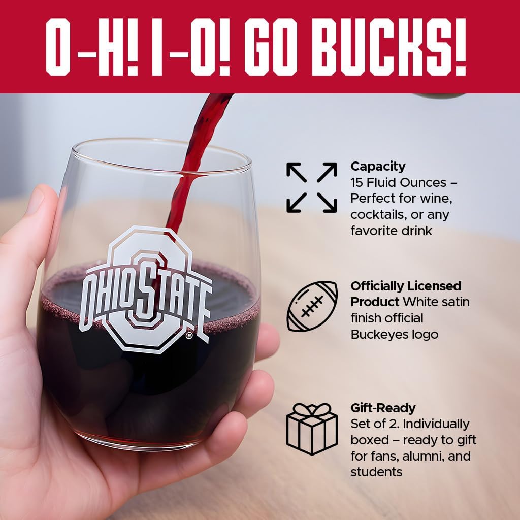 Ohio State Buckeyes Etched Satin Frost Logo Wine or Beverage Glass Set of 2