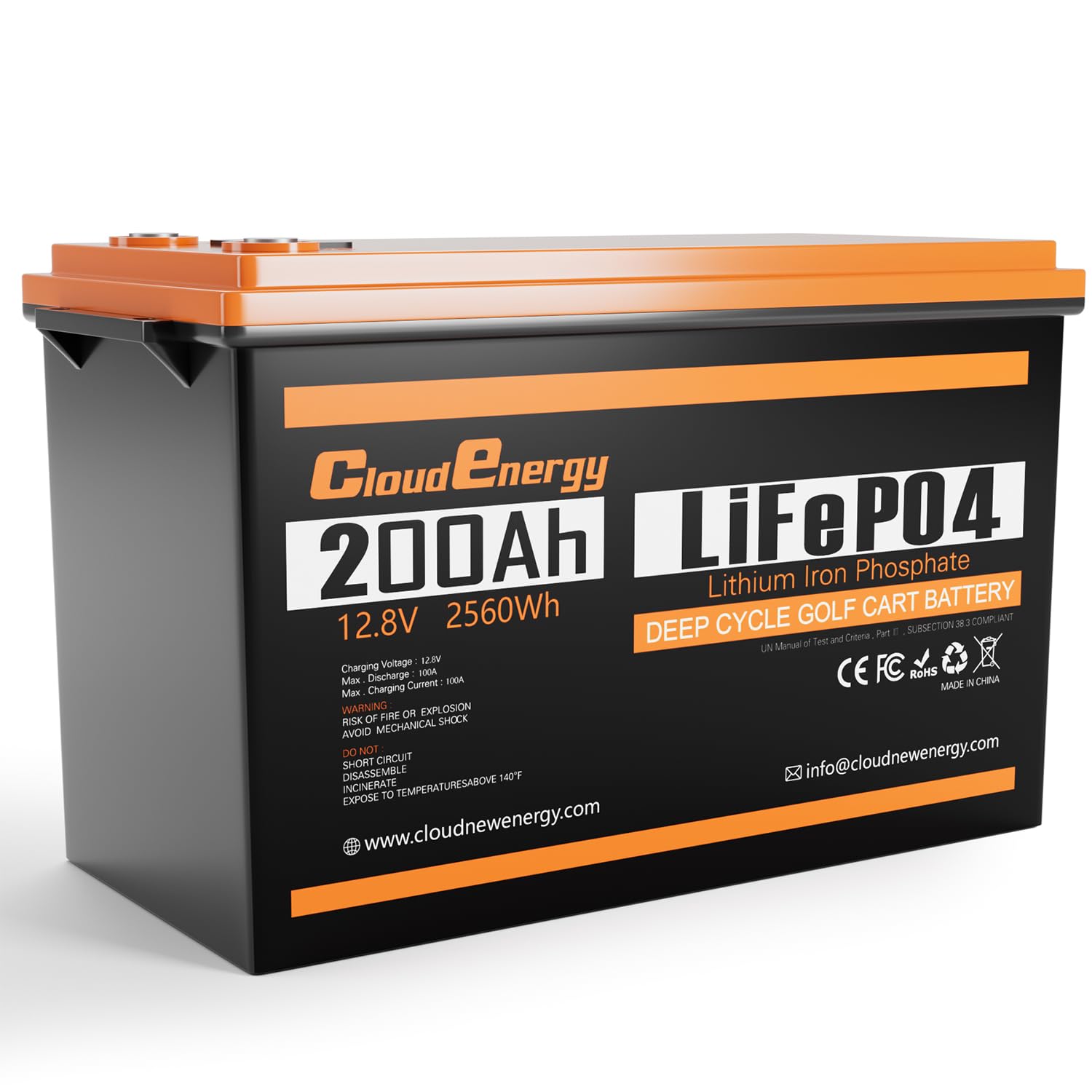 Batteria al litio Cloudenergy 12V LiFePO4 200Ah con durata di oltre 10 anni, oltre 6000 cicli, potenza 2560Wh. IP65, ideale per applicazioni marine, solari e RV.