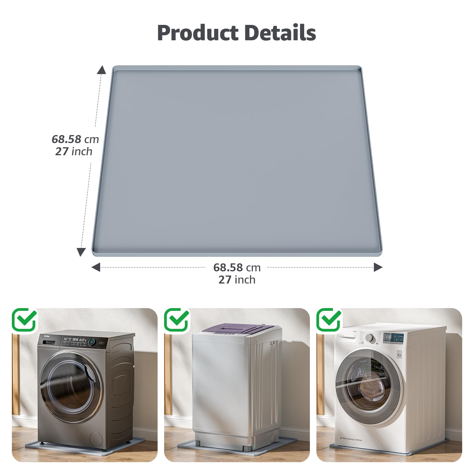 27''x27'' Washing Machine Drain Pan Silicone Mat with 0.78'' Raised Edges(Leak Protection),Non-Slip & Anti-Vibration Washer Drip Tray for Floor Protection,Washer/Dryer,Refrigerator,Rubber Pad,Gray