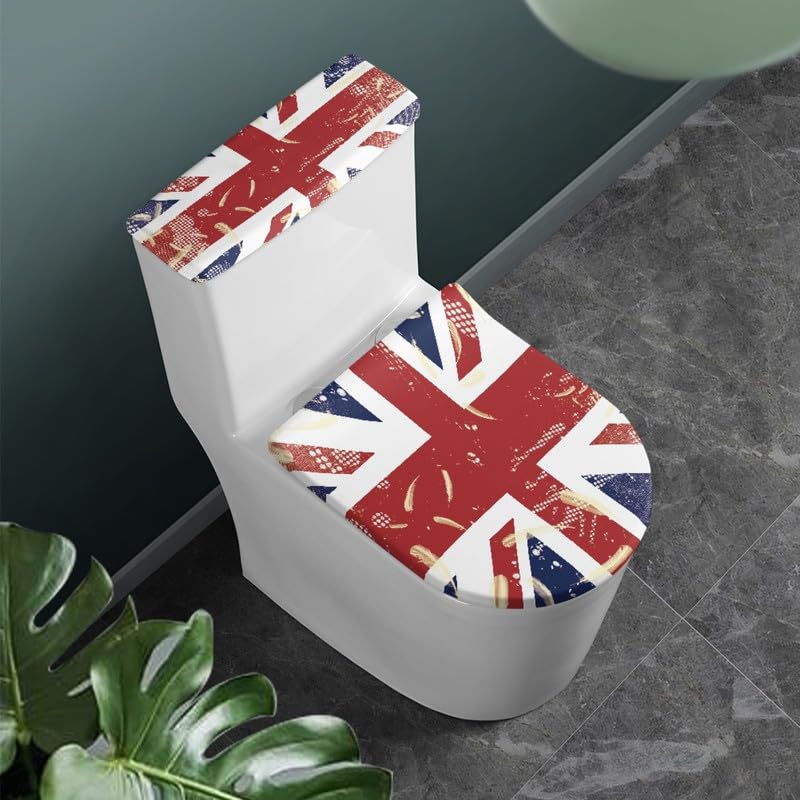 Daulesho British Flag Toilet Seat Lid Cover Red Blue Union Jack Washable Toilet Tank Replacement Toilet Cover Set United Kingdom Patriot Flags for Bathroom Home Decor Accessories