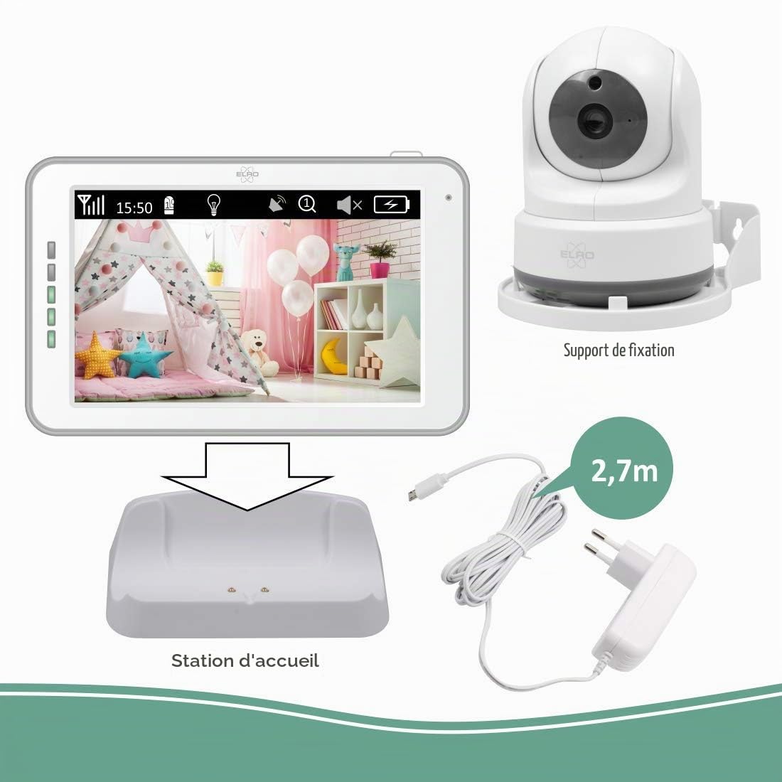 ELRO Moniteur pour bébé BC3000-2 Royal avec écran tactile HD de 12,7 cm et application avec caméra supplémentaire, 1 pièce (lot de 1)