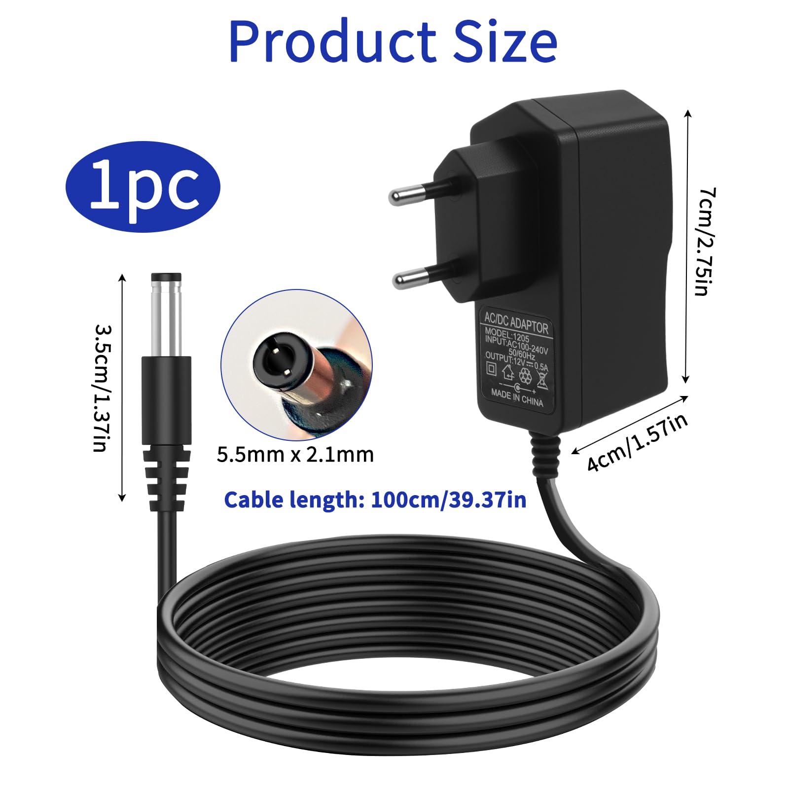 Zasilacz 12 V 0,5 A, zasilacz 12 V 0,5 A, uniwersalny zasilacz AC 100-240 V do DC 6 W ze złączem 5,5 x 2,1 mm, 6 W zasilacz do kamer CCTV Taśmy LED Router, 1 M