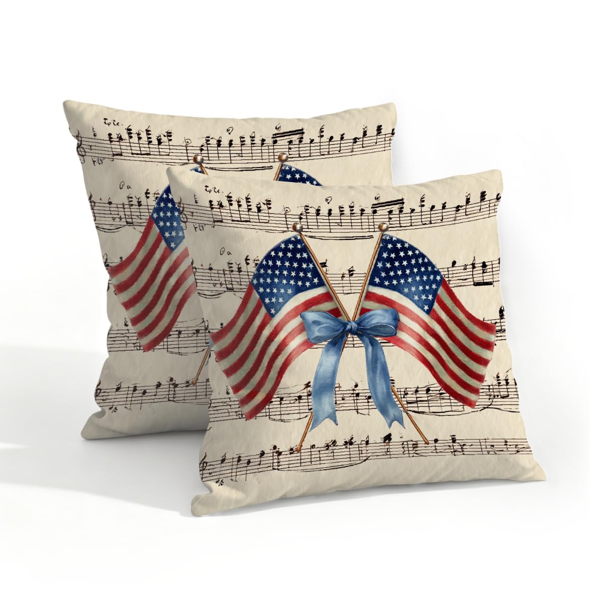 Outdoor Pillow Covers Waterproof Pillowcases 18x18in Set of 2 Vintage American Flags Ribbon Musical Note Decorative Throw Cushion Case for Couch Sofa Garden Patio Furniture