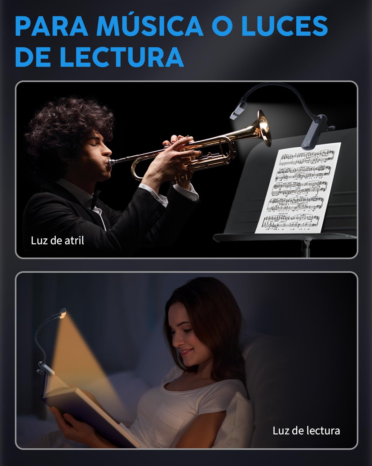 Lampara Atril Musica de Pinza con 3 Color 8 Brillo, 14 LEDs Luz para Atril de Partituras, USB-C Recargable Lampara Lectura Libro para el Piano, Guitarra, Partituras, Luz Libro Lectura