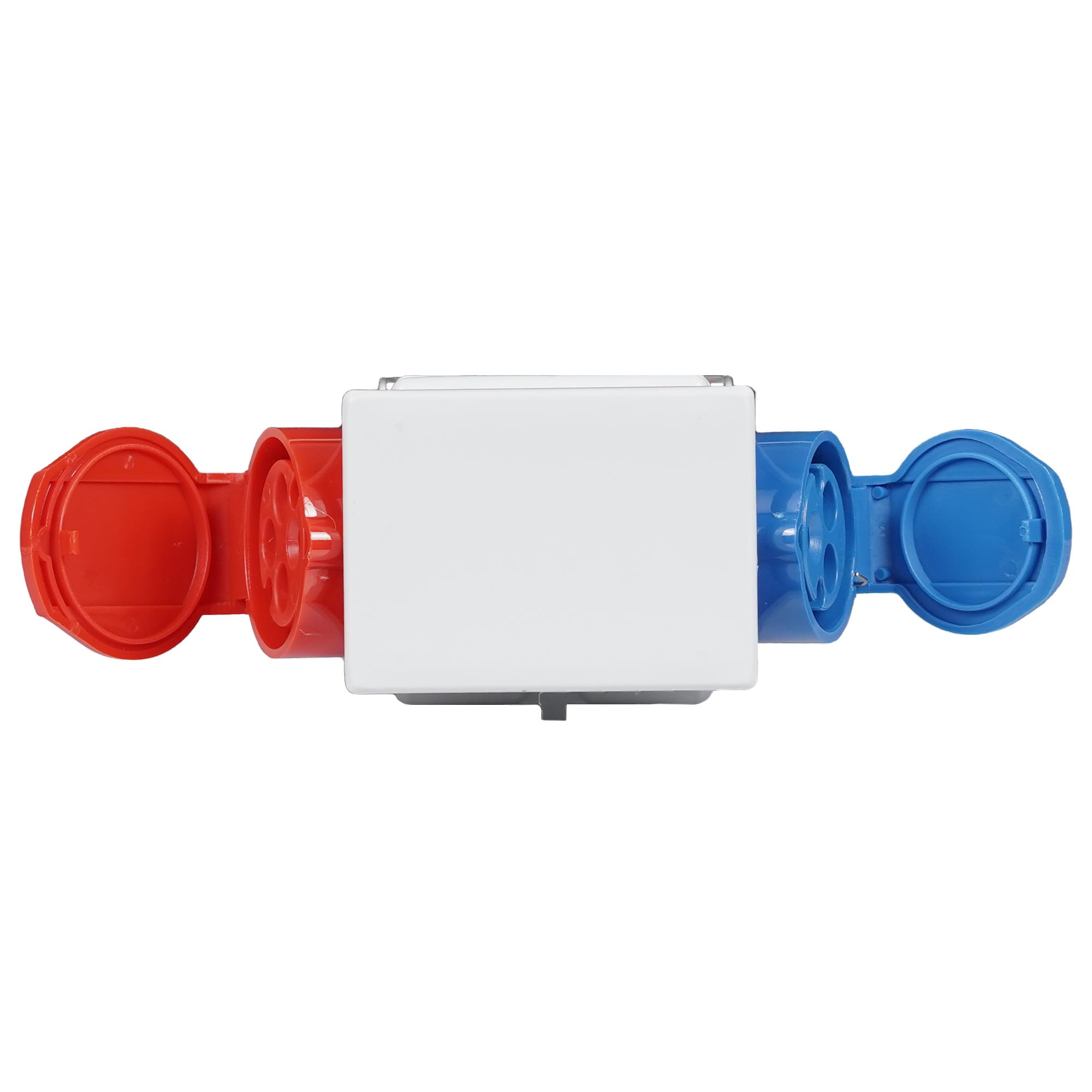 Adaptador industrial doble enchufe Color 3P + N + T 16 A CEE roja 400 V – IP44. Toma Color 1 x 2p + t 16 a Azul IP44 – 1 x 3P + T 16 A Rojo IP44.