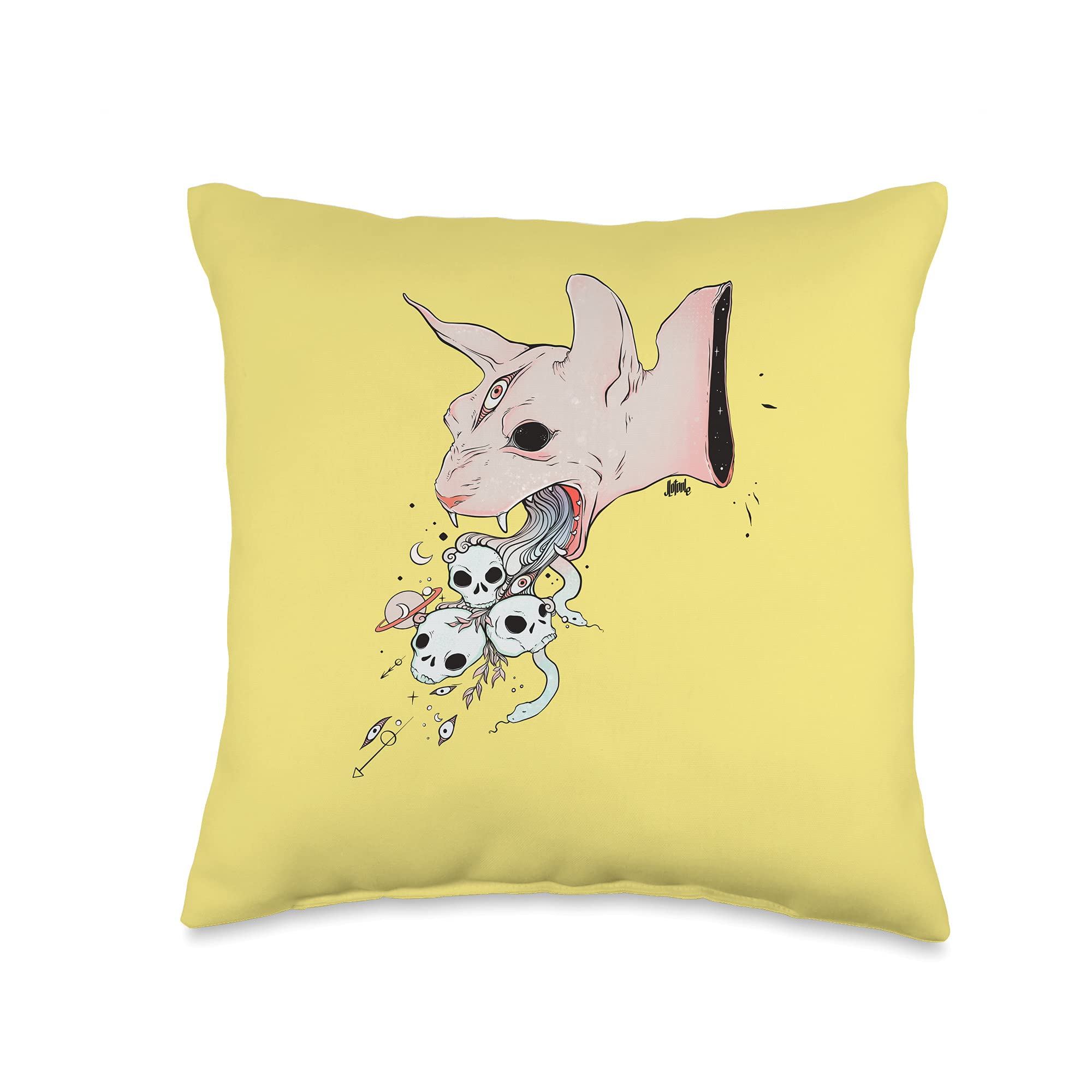 Cat Artwork By CellsDividing Sphynx Cat and Skulls, Goth Witch Aesthetic Art Throw Pillow, 16x16, Multicolor