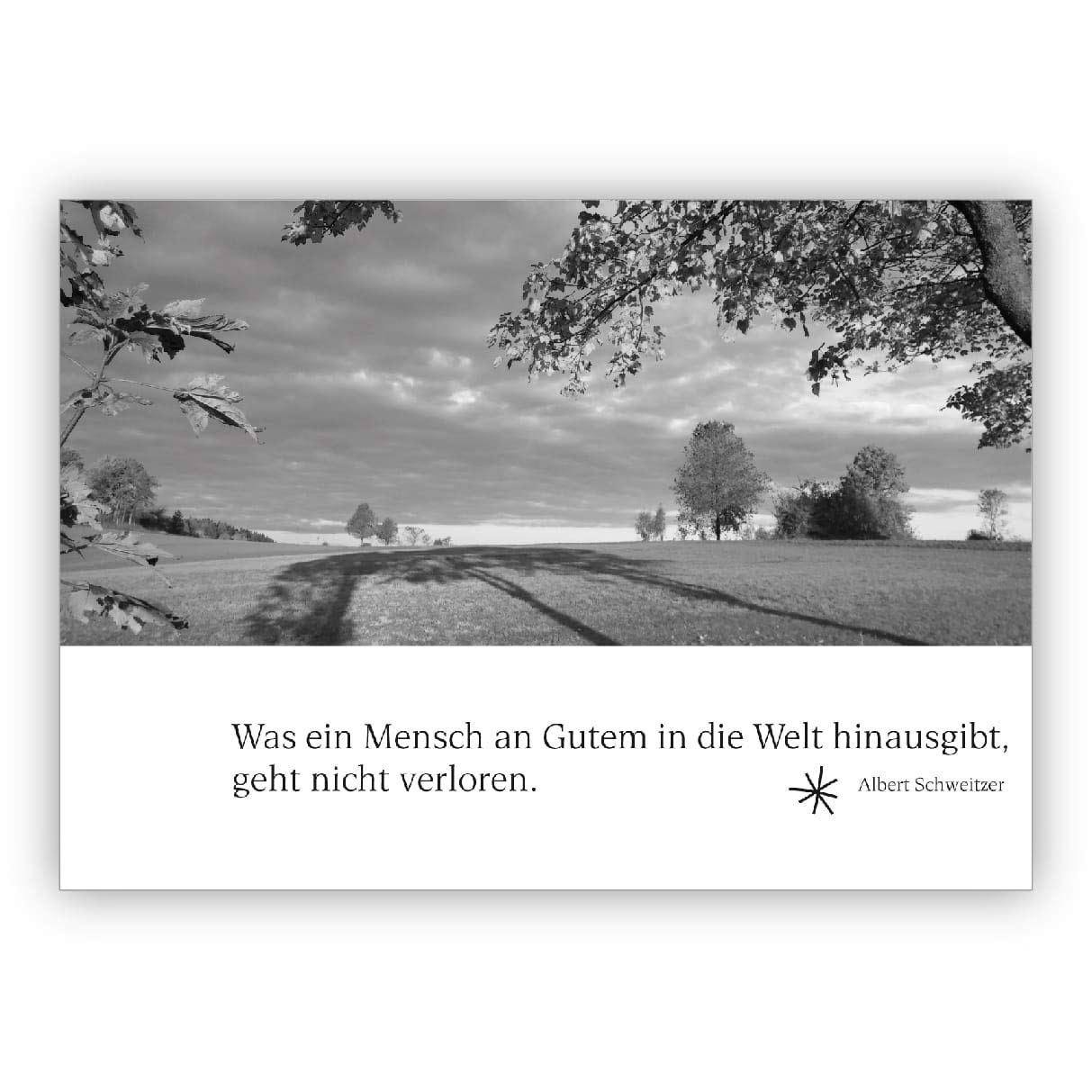 16 Trauerkarten, Kondolenzkarten mit Landschaft und Zitat: Was ein Mensch an Gutem in die Welt hinausgibt. • würdevolle Beistandskarte um im Sterbefall in tiefer Trauer zu kondolieren