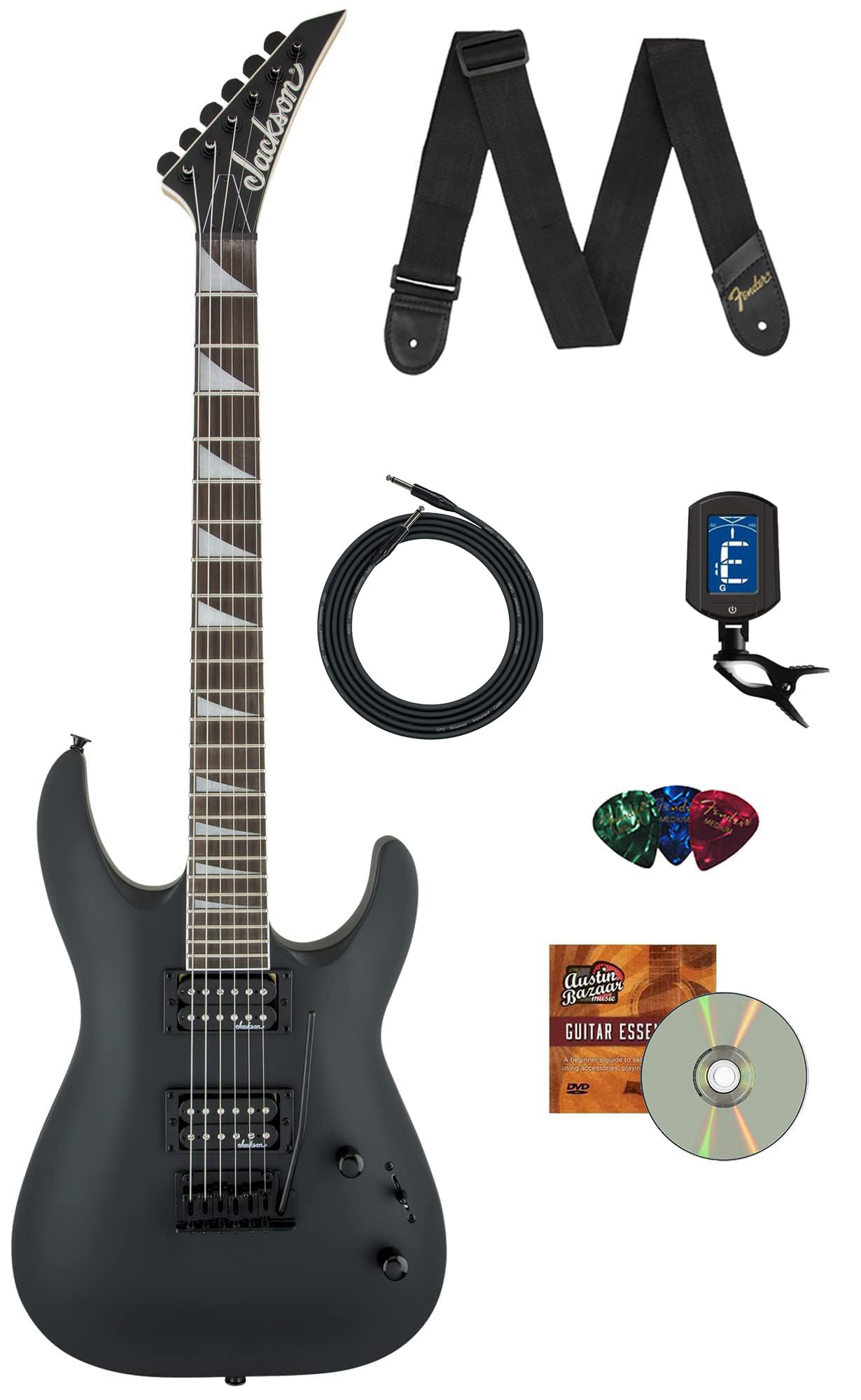 Jackson Dinky Arch Top JS22 DKA Electric Guitar - Satin Black Bundle with Cable, Tuner, Strap, Picks, and Austin Bazaar Instructional DVD