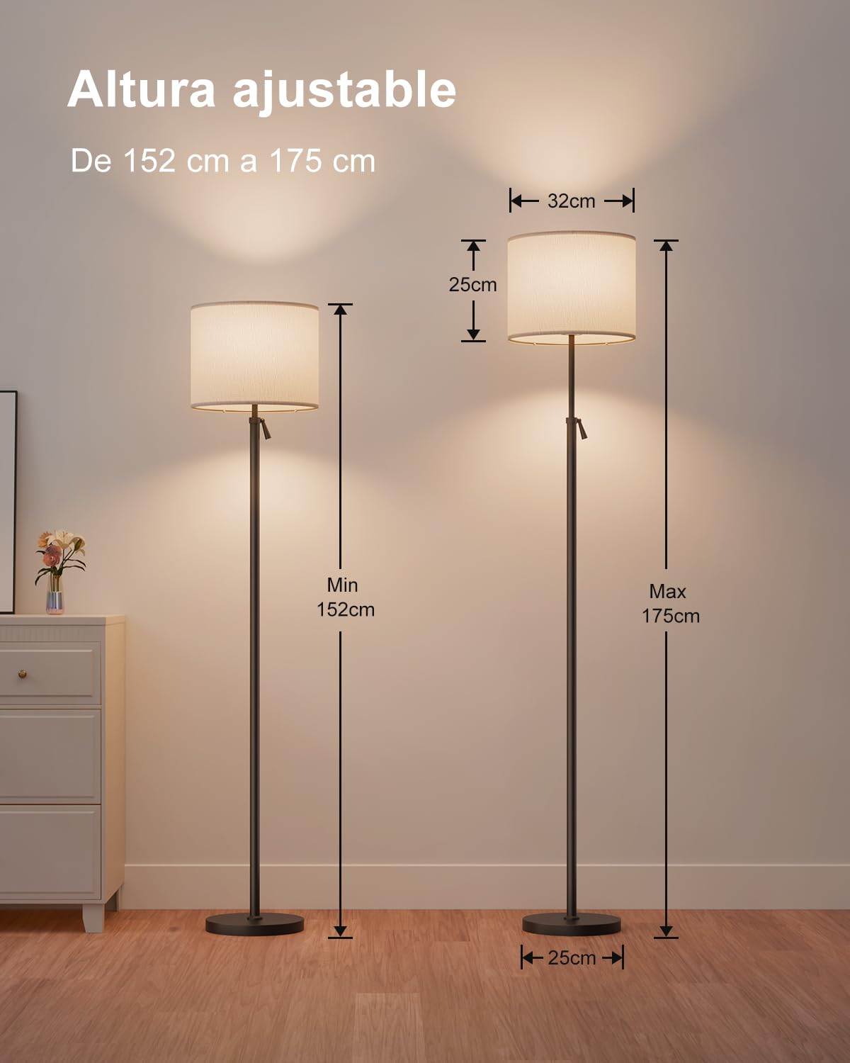 DUSKTEC Lámpara de Pie Inteligente para Salón,Compatible con Alexa y App,Cambio de color RGB, Regulable 1-100%,Blanco 2700-6000K,Sincronización con Música,Altura Ajustable 10W 1200LM, Pantalla de Lino