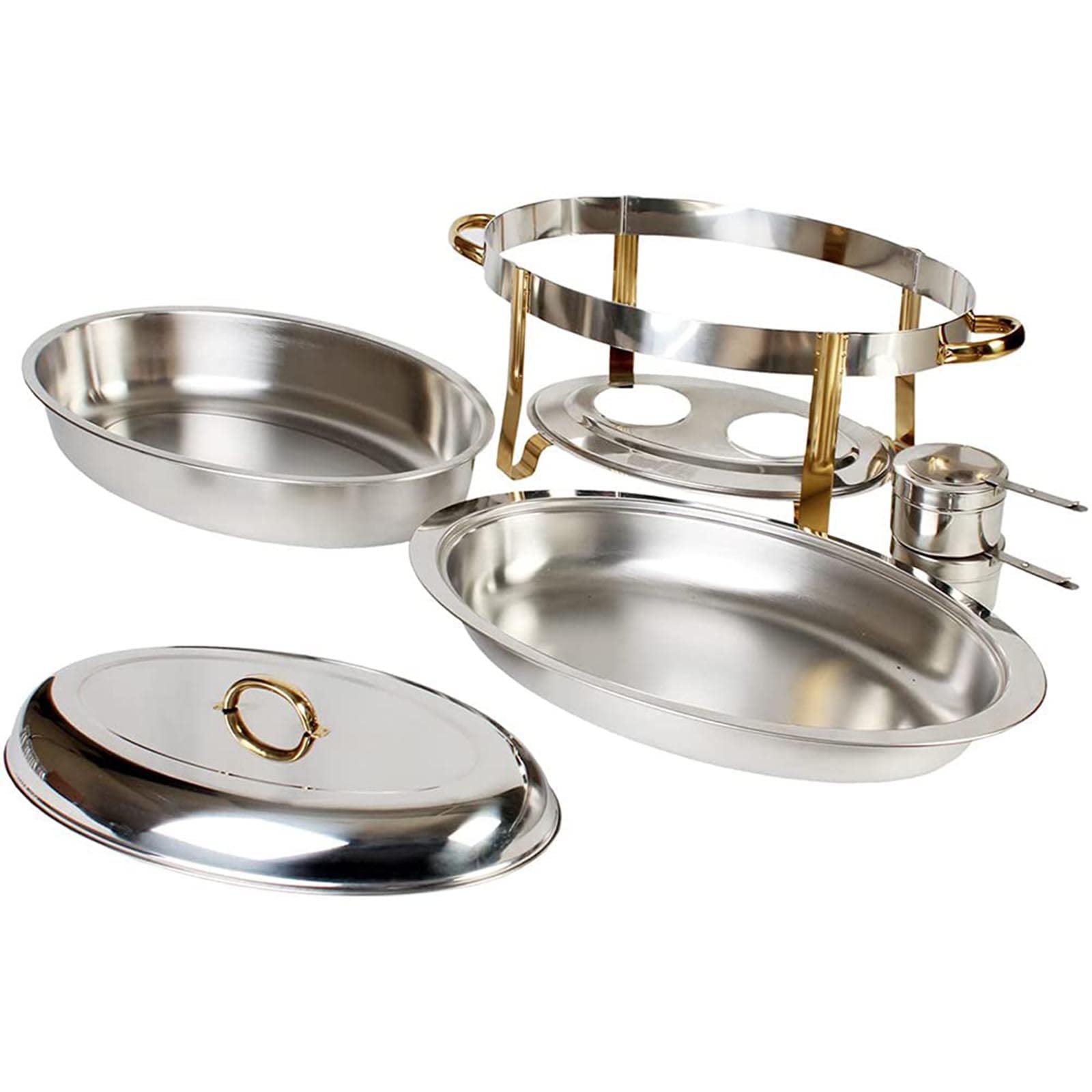 Chafing Dish Ovale, Set scaldavivande da 6 Litri con Coperchio, Supporto per pentola d'Acqua e Supporto per combustibile per Catering, Feste, Matrimoni, cene, Oro