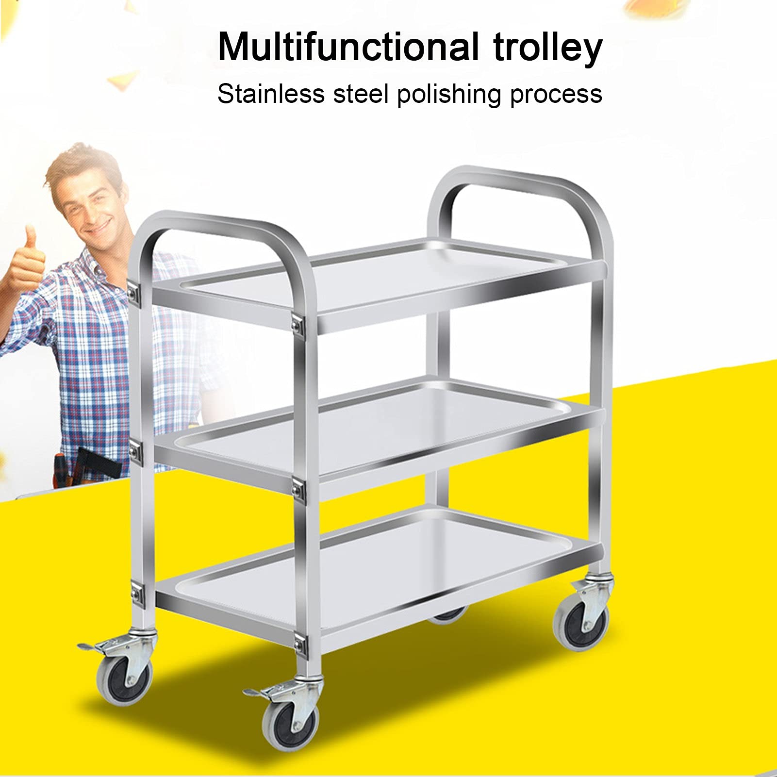 Carrello di Servizio 2/3 Piani in Acciaio Inox Carrello di Servizio con Ruote Staccabile Carrello da Cucina con Ruote bloccabili ripiano portaoggetti Carrello,3 strati-75 * 40 * 83.5