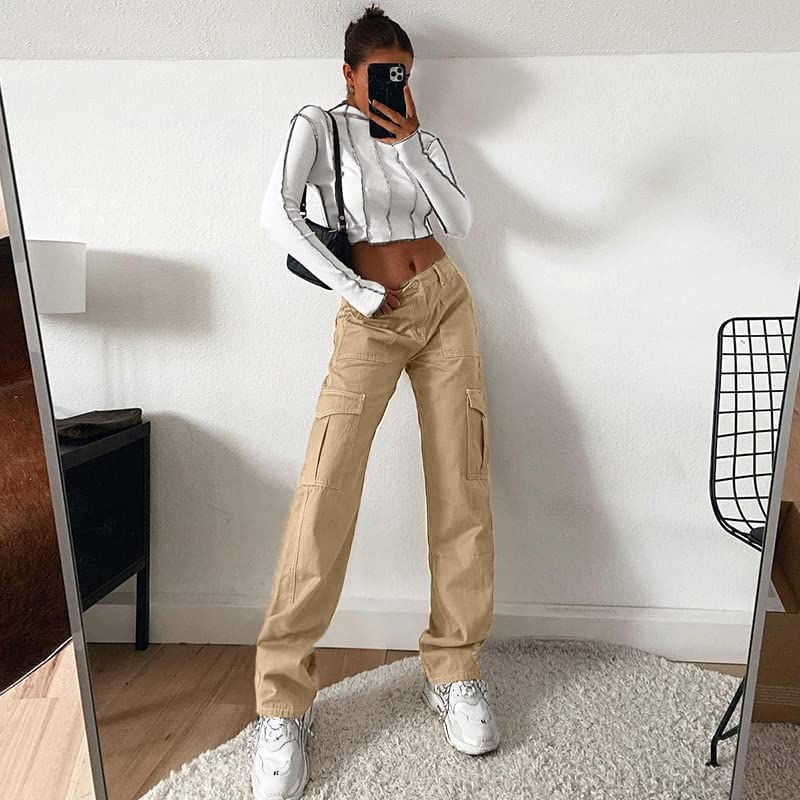 Image of Lepunuo Cargo Pants for Women High Waisted Casual Pants Baggy Stretchy Wide Leg Y2K Streetwear with 6 Pockets