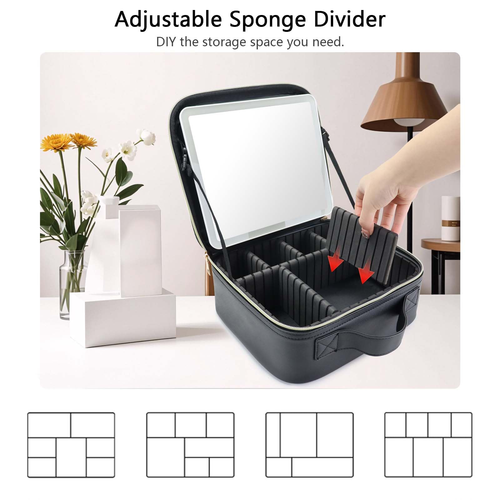 Make-up-Tasche mit LED-Spiegel, Reise-Make-up-Organizer mit 3 beleuchteten Einstellungen, verstellbaren Trennwänden und Make-up-Pinsel-Aufbewahrung, Schwarz, Die große Reise-Make-up-Tasche mit