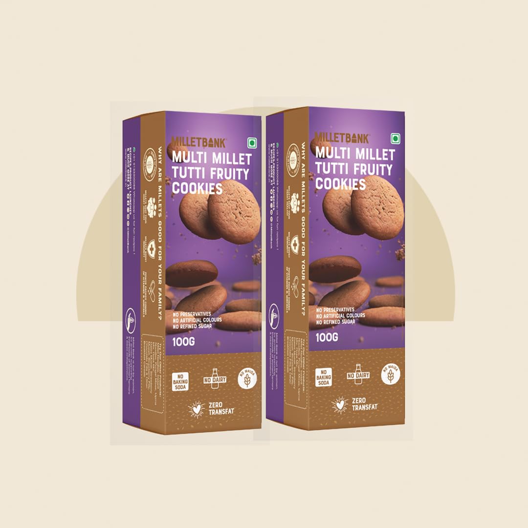 Millet Bank Multi Millet Tooty Frooty Cookies | Nutrient-Rich Delight with a Burst of Fruity Goodness | No Preservatives, No Artificial Colors, No Refined Sugar | Dairy-Free, No Maida, No Baking Soda, No Transfat | Wholesome Snacking | 2 x 100 g (B0C46ZTX3J) Amazon Price History, Amazon Price Tracker