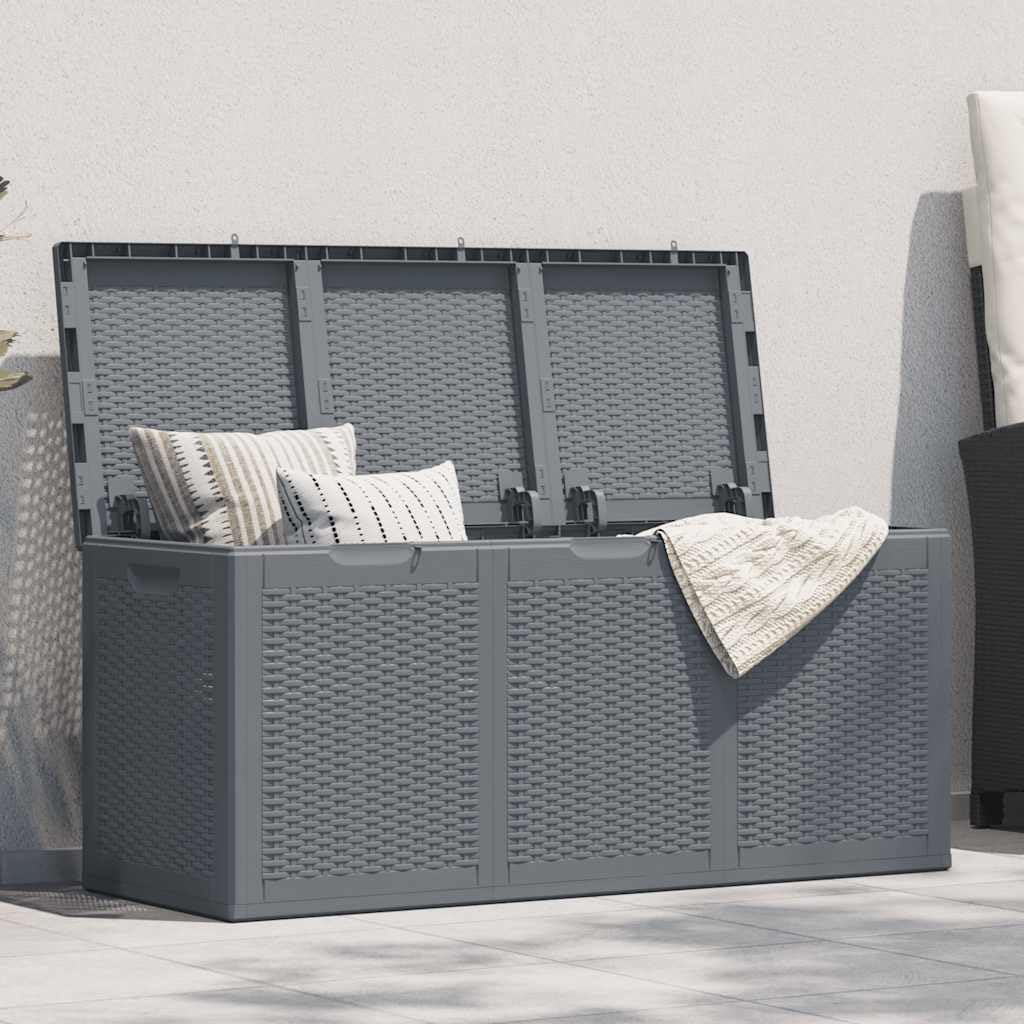 Cassapanca da giardino in rattan PP da 270 litri, design semplice per cuscini e imbottiture, robusta cassapanca da giardino in polipropilene con maniglie laterali per una facile installazione