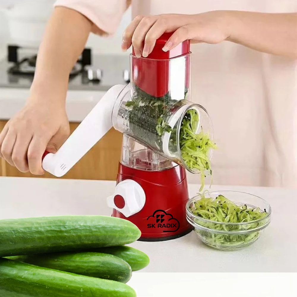 3 in 1 Round Drum Mandolin Manual Food Chopper Fast Fruit Cutter Cheese Grater Stainless Steel Nut Grinder Cocunet Shreder Vegetable and Fruit Slicer And Shreder (RED)