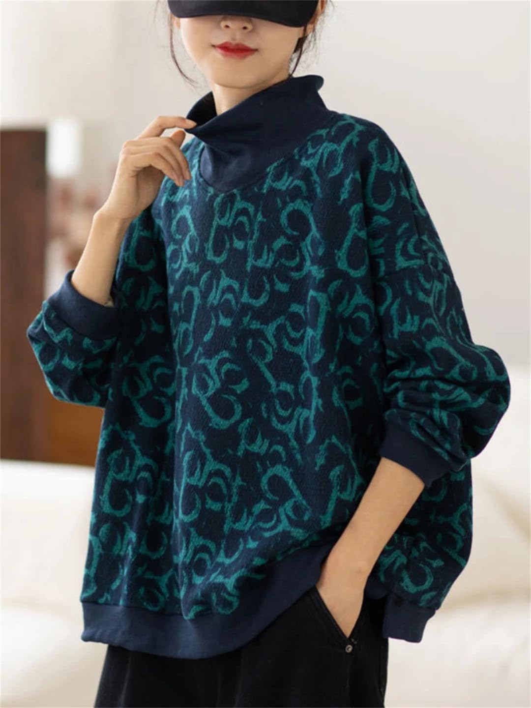 Zimowy damski sweter ciepły retro nadruk grube bluzy luźne topy z długim rękawem
