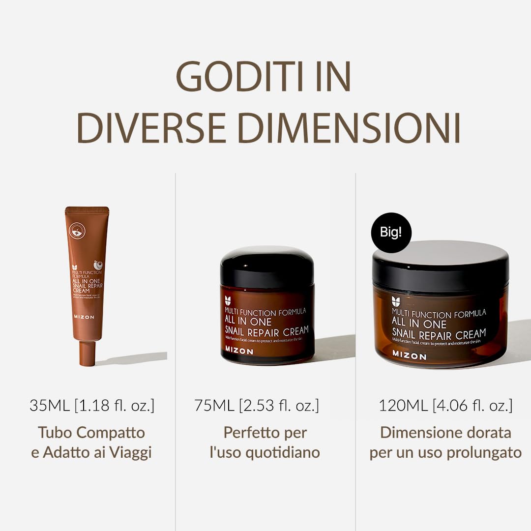 [Mizon] Crema riparatrice a la bava di lumaca (75 g), crema idratante per il viso con estratto di mucina di lumaca, cosmetico coreano tutto in uno, cura delle rughe e delle imperfezioni