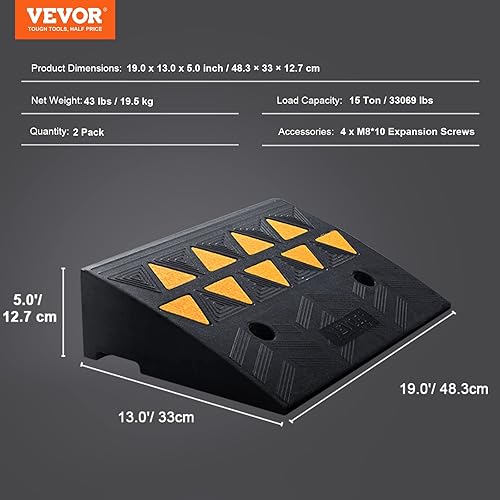Miniatura 7 de VEVOR Rampa de bordillo de goma, altura de elevación de 5 pulgadas, paquete de 2 rampas resistentes de umbral de capacidad de 33069 libras15 T,