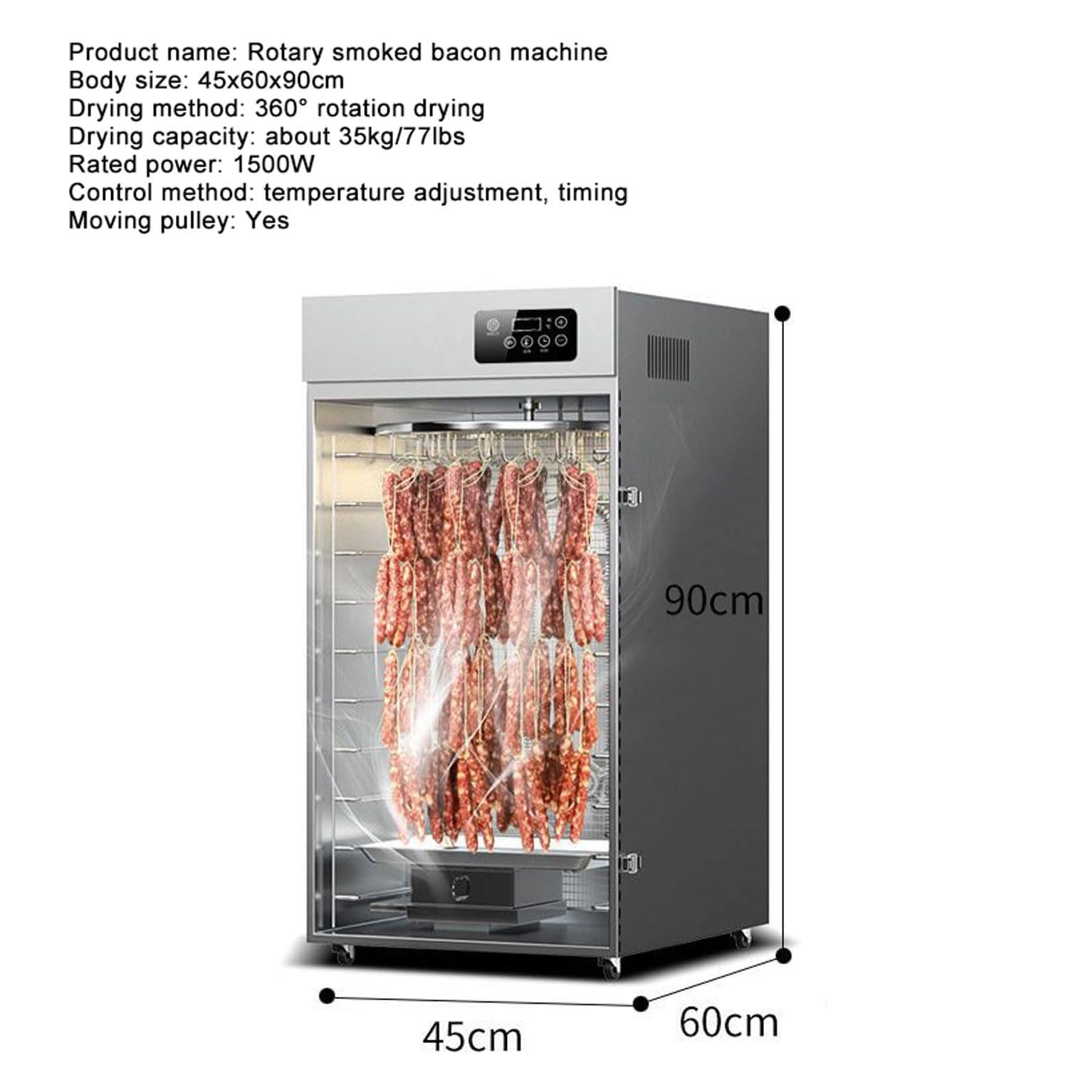 Essiccatore per Alimenti Commerciale, Essiccatore Automatico per Carne Rotante Da 1500 W Con Display LED Touch-Control, Per Carne Secca, Erbe, Carne, Manzo, Frutta, Verdura