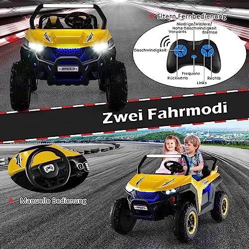 COSTWAY 2 Sitzer Kinderauto mit 2,4G Fernbedienung, 12V Kinder UTV mit Musik und Scheinwerfer, Elektro Auto 2-4 km/h, für Kinder ab 3 Jahren (Gelb)